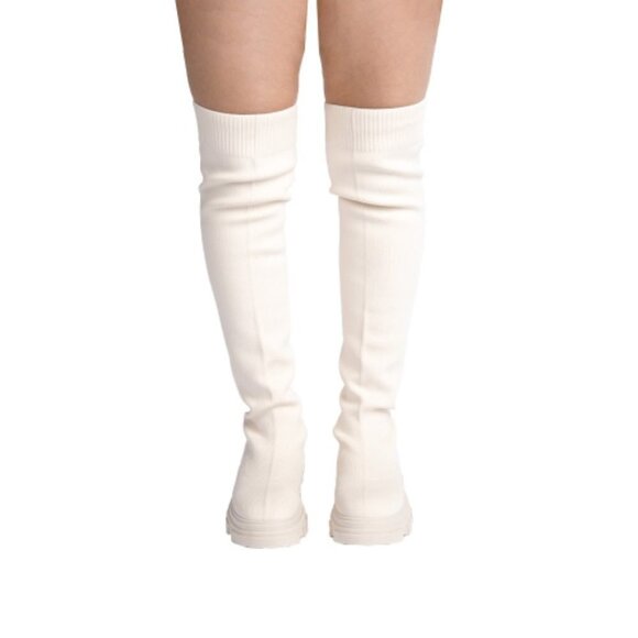 WOMEN FLY KNIT THIGH HIGH TALL LUG SOLE SOCK BOOTS Off White - Picture 2 of 3